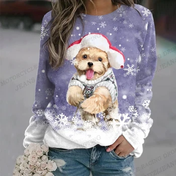 Božič Dog Tiskanja Hoodie Ženske Modni O-vratu Puloverji Jopice Snežinka Tiskanja Hoodies Oblačila Božič Puloverji Snežaka Slike 2