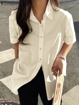 ZANZEA Ženske Kratek Rokav Bluzo Gumb Up Elegantno Basic Majica Delo Obrabe 2022 Moda Vrhovi Priložnostne River korejski Blusas Mujer