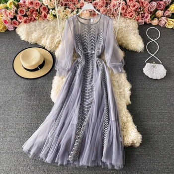 2021 Nove Ženske Obleke Pomlad Jesen Elagant Dame O-Vrat Dolg Rokav Pregleden Til Obleke Ženska Sladke Pravljice Obleko Vestidos