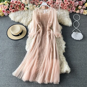2021 Nove Ženske Obleke Pomlad Jesen Elagant Dame O-Vrat Dolg Rokav Pregleden Til Obleke Ženska Sladke Pravljice Obleko Vestidos Slike 2