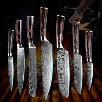 7PCS Kuhinjski Noži Damask Laser Vzorec Japonski Kuhar Santoku Rezino Sadja, Mesa Cleaver Kruh Nož Set iz Nerjavečega Jekla 440C