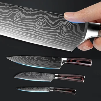 7PCS Kuhinjski Noži Damask Laser Vzorec Japonski Kuhar Santoku Rezino Sadja, Mesa Cleaver Kruh Nož Set iz Nerjavečega Jekla 440C Slike 2