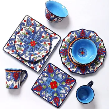 Evropski keramični servis set gospodinjstvo, ročno poslikanih velikih Zahodnih zrezek lotus ploščo, kvadratna ploščica izvoz namizna Slike 2