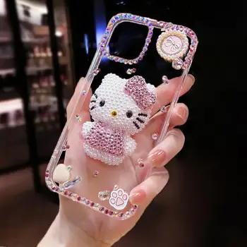 Hello Kitty Diamanti Risanka Primeru Telefon za Iphone 11 12 Pro 13 Pro Max 8 Plus Xs Xr Xs Max 7 8 6 Srčkan Anti-Padec Silikonsko Ohišje Slike 2