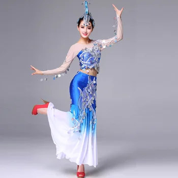 modri pav plesne kostume za ženske pav kostum festival plesne obleke manjšinskih kostume kitajski nacionalni oblačila
