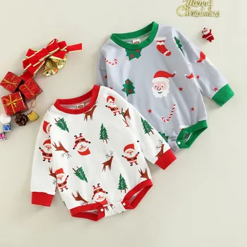 Božič Baby Unisex Novo Rojen Santa Claus Drevo Elk Tiskanja Dolg Rokav Obleka za dojencek dekliška oblačila za 12 do 18 mesecev