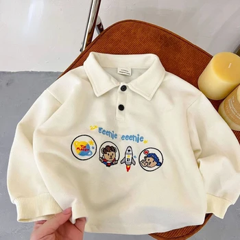 Korejski Slog znižuj Ovratnik Risanka Tiskanje Baby Dekle, T-majice Dolg Rokav Gumb Mode Priložnostne Bombaž Jeseni, Pozimi Otroci Vrhovi Slike 2