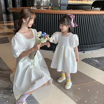 2021 korejskem Slogu Mama in Hči Princesa Poročno Obleko Bele, Roza Poletje Mamica in Me Baby Dekleta Obleke Mama Beach Obleke