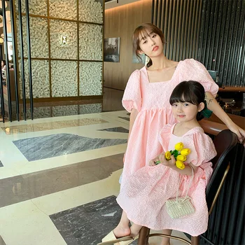 2021 korejskem Slogu Mama in Hči Princesa Poročno Obleko Bele, Roza Poletje Mamica in Me Baby Dekleta Obleke Mama Beach Obleke Slike 2