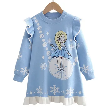 Nova otroška Oblačila Elsa Princesa Obleko Zamrznjene Zimska Oblačila Deklice, Pleteni Pulover Pulover Obleko Velikost 90-140
