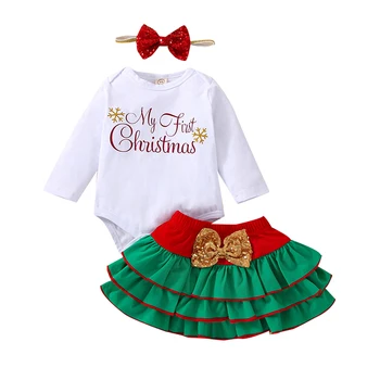 Božič Baby Dekle Obleko z Dolgimi Rokavi Romper + Plastno Krilo + Lok Glavo Set za Novorojenčke baby girl obleke