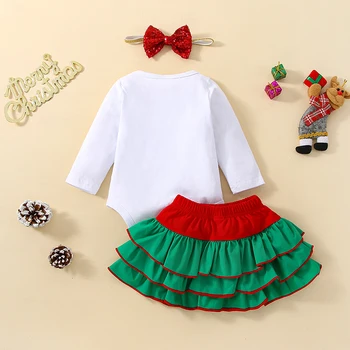 Božič Baby Dekle Obleko z Dolgimi Rokavi Romper + Plastno Krilo + Lok Glavo Set za Novorojenčke baby girl obleke Slike 2
