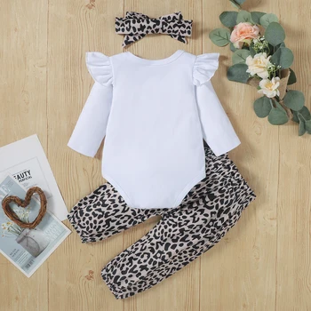 Newborn Baby Dekle Oblačila, ki Leopard Moda Hlače, Roza Pismo Tiskanja Vrhovi Glavo 3Pcs Jeseni Malčka Dojenčka Oblačila Obleke Slike 2