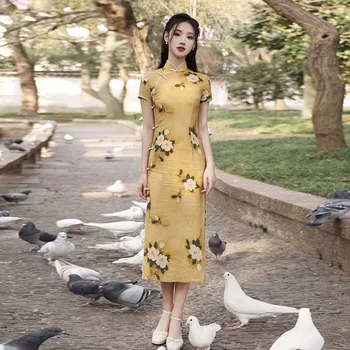 Rumena Qipao Obleke, Rože Letnik Cheongsam Dolgo Gospa Poletje Tiskanje Chipao Obleko Kitajski Poročni Večer Obleka Ženske