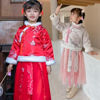 Dekleta Kitajski Nacionalni Slog Določa Topel Plašč+krilo 2PCS bo Ustrezala Tradicionalni Plus Kašmir Cheongsam GirlPrincess Vezenje Oblačil