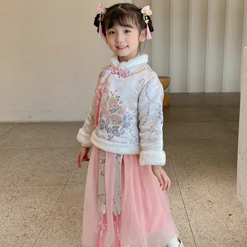 Dekleta Kitajski Nacionalni Slog Določa Topel Plašč+krilo 2PCS bo Ustrezala Tradicionalni Plus Kašmir Cheongsam GirlPrincess Vezenje Oblačil Slike 2
