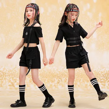 Dekleta Hip-Hop Plesne Kostume Otroci Black Kratek Rokav Vrhovi Tovora Hlače Jazz Ulične Uspešnosti Dancewear Fazi Rave Oblačila Slike 2