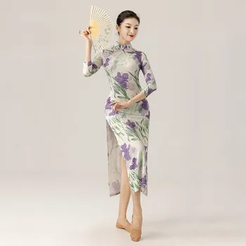 Kitajska Tradicionalna Obleka Ženske Kopalke Klasično Plesno Obleko Iris Tiskanja Cheongsam Elegantno Telo Rima Dancewear Srednji Rokav Slike 2