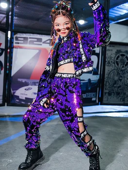 Jazz Kostum Za Dekleta, Vijolična Bleščica Hip Hop Set Street Dance Performance Oblačila Fazi Ples Obrabe Sežgati Rokav Obleke