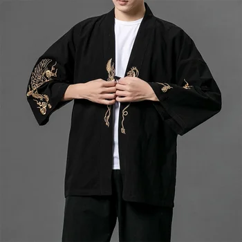 Online Kitajski Trgovini Yukata Črne Vezenine Azijskih Oblačila Jopico Kimono Rokavi Moški Tradicionalni Japonski Kimonos Haori V2148 Slike 2