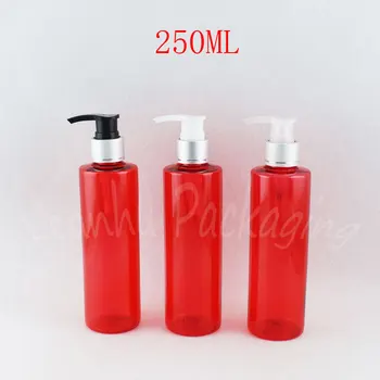 250 ML Rdečega Ravno Ramenski Plastično Steklenico , 250CC Losjon / Šampon Embalaža za Steklenice , Prazne Kozmetični Posode ( 25 PC/Veliko )