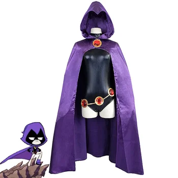 Novost Črna Obleka, Vijolična Hooded Plašč Jumpsuits za Ženske Teen Titans Super Junak Krokar Cosplay Kostum Halloween Party Prop Slike 2