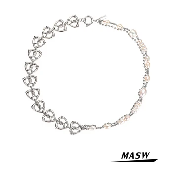 MASW Prvotno obliko Multi Srce Ogrlico Votle Kovinske Medenina Srebrne Barve Naravnih Sladkovodnih Biserna Ogrlica Za Ženske, Nakit